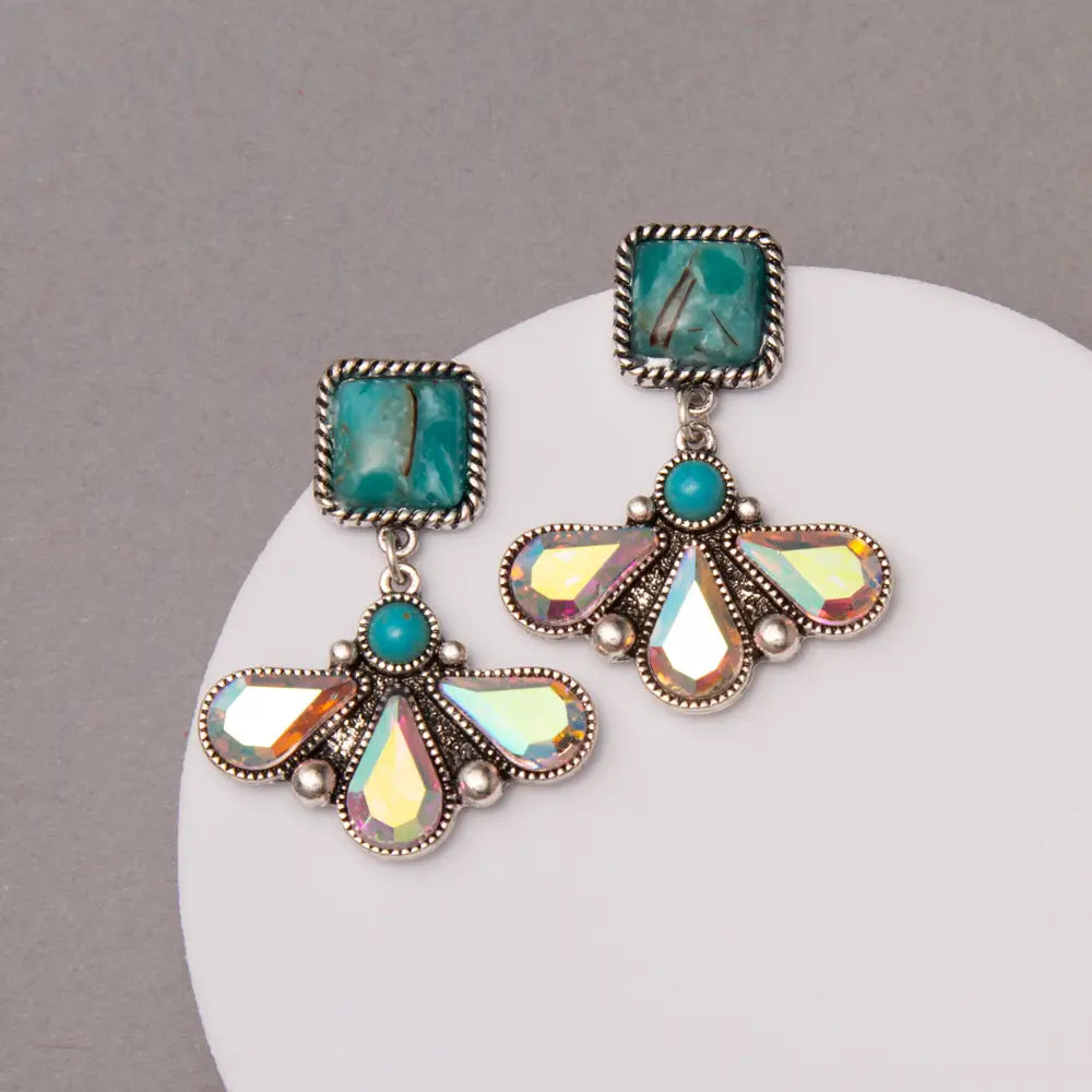 Turquoise Floral Rhinestone Earrings